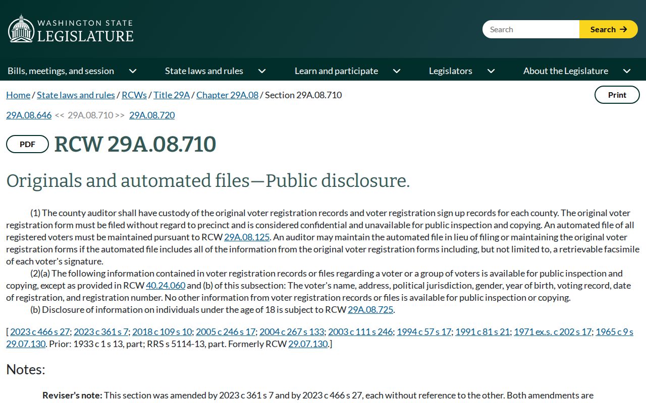 Washington law defining public Moses Lake voter registration record fields